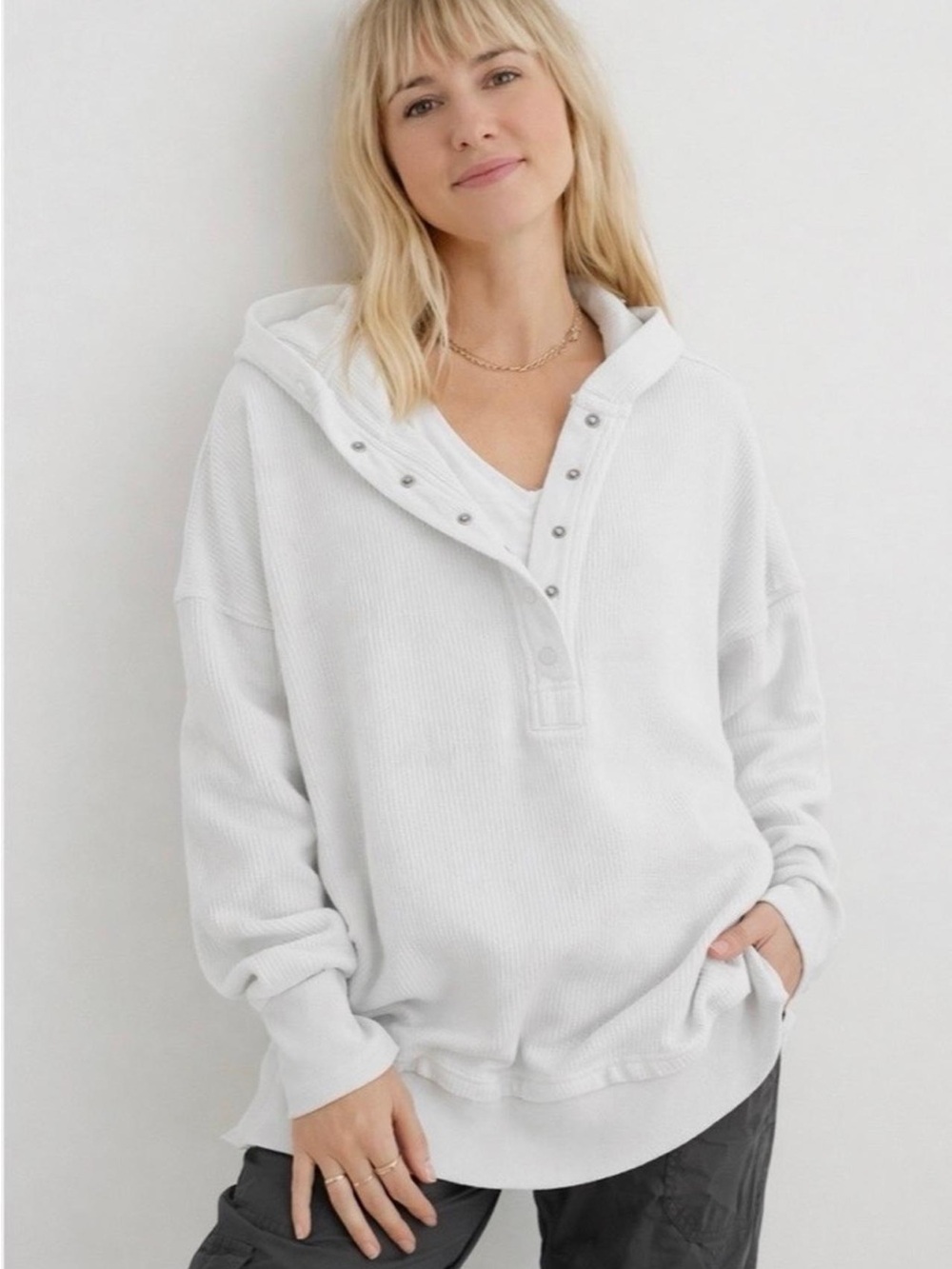 aerie White Waffle-Knit Snap‎ Henley Hooded Pullover